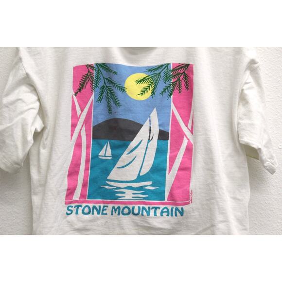 Vintage Stone Mountain Lake Sailboat Crop Top T Shirt XL - Picture 2 of 9